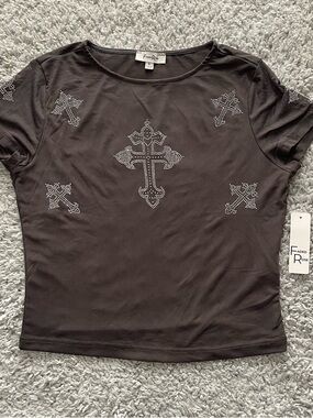 Y2K Grey Rhinestone Cross Mesh Top